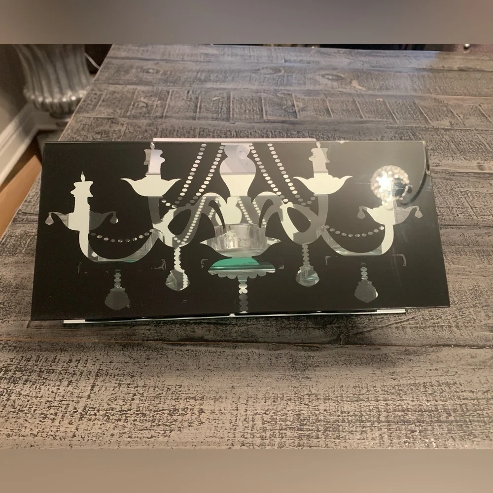 Mirror Chandelier 3 Tea-light Candle Holder Display, Black & Silver Glass, EUC